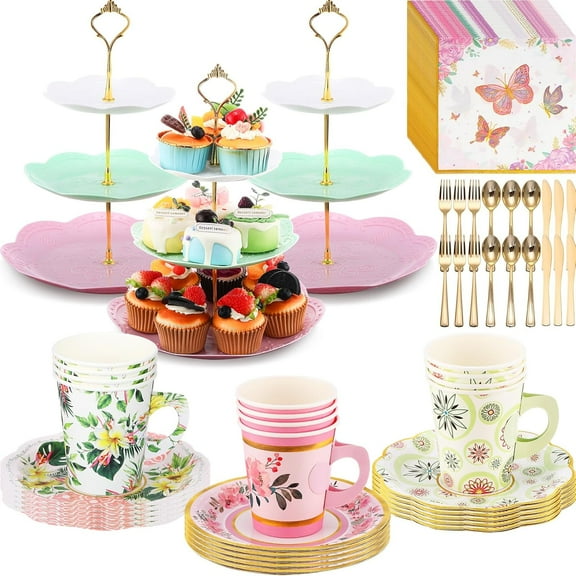 83 Pcs Floral Tea Party Set Include 12 Sets 9 oz Floral Paper Cups and Saucers, Napkins, 3 Tier Cake Stand and Serving Platter Disposable Tableware for Girls Birthdays