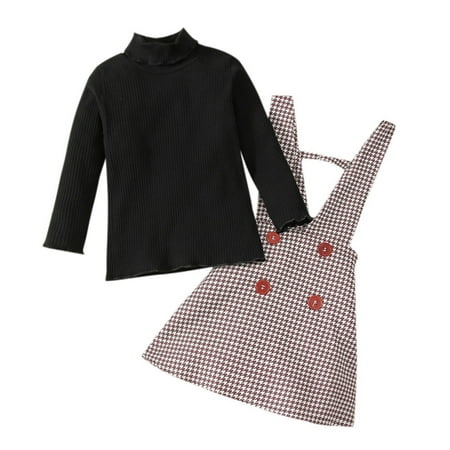 

KIds Toddler Baby Girls Long Sleeve Solid Ribbed Tops Plaid Suspender Skirt 2PCS For 4-5 Years