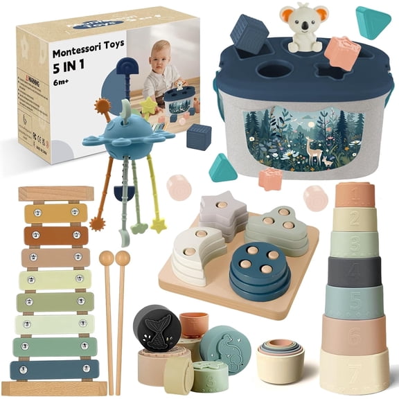 Montessori Toys for 6-12-18 Months, Baby Toys with Baby Blocks Cup Toy, Pull String Toy, Shape Sorting Baby Development Toys for Girls Boys Birthday Chiristmas Gifts