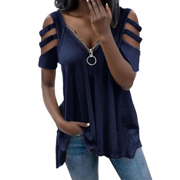 LUOGENLI Female T-shirts for Womens Blouse Casual Womens Sleeve Collar Tops Color Zipper Fold V Neck Short Women's Blouse Womens T-shirts Graphic Tees xxl Tall Summer Clothes Navy XXL