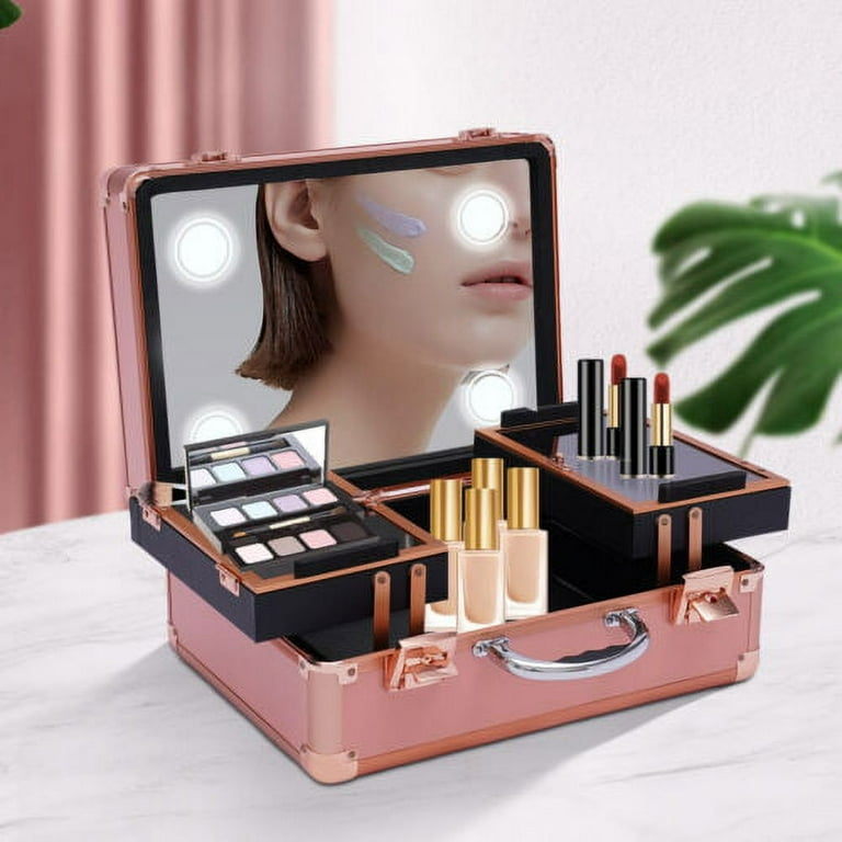 2 layer Train Makeup Case with LED Mirror Portable with 2 Locks Multifunction