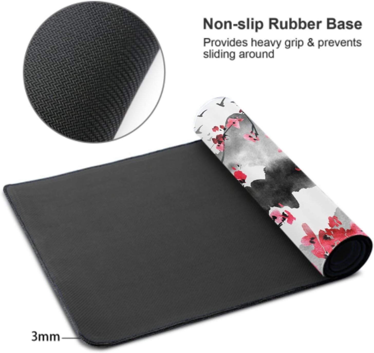 Japanese Cherry Blossom Mouse Pad 35.4x15.7in XXL Full Desk Pink Watercolor Art, Cool Design Gaming Mousepad, Extended Large NonSlip Rubber Base, Stitched Edges
