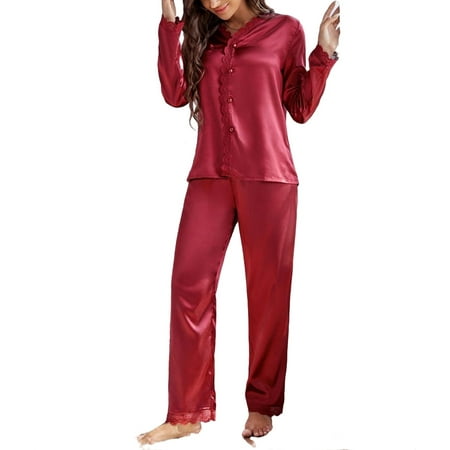 

V neck Elegant Plain Pant Sets Burgundy Long Sleeve Women Pajama Sets