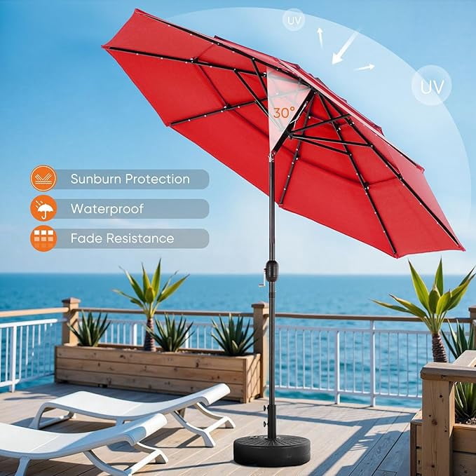 10FT 3-Tier Solar Patio Umbrella with 32 LED Lights, Outdoor Umbrellas with Push Button Tilt and Crank, Tilting Table Umbrella with 8 Sturdy Ribs for Market, Beach, Pool, Garden, UV Protection, Red