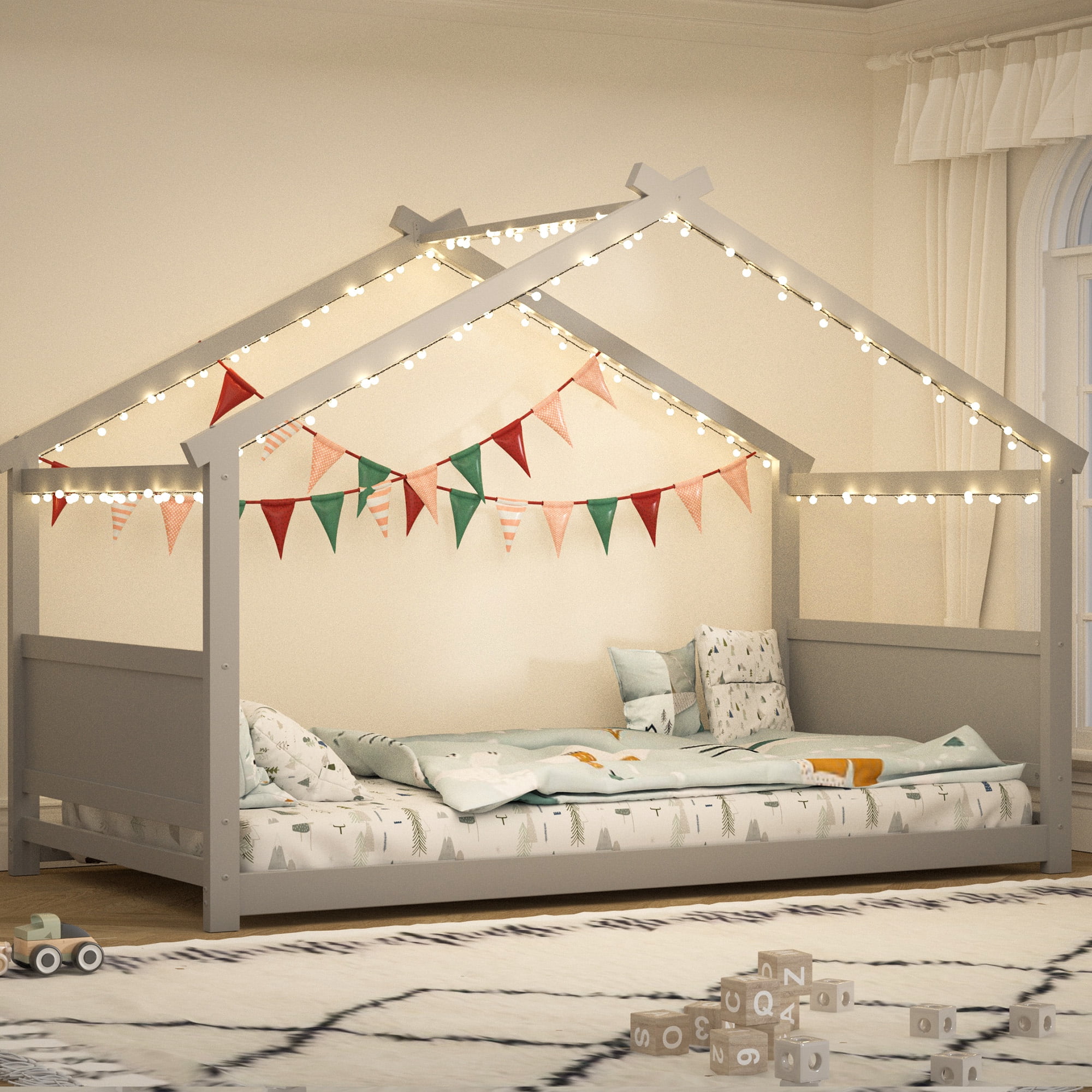 Joywind Twin Solid Wood House Floor Bed Frame with Safety Guardrails, Kids Bed for Boys Girls