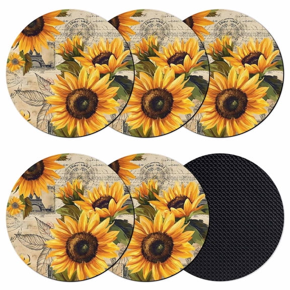 Yellow Sunflower Coasters Set of 6, Watercolor Retro Floral Plant Leaf Absorbent Coasters for Drinks, Coaster for Bar Office Dining Coffee Table Accessories Decor, Non Slip Round Desk Coaster