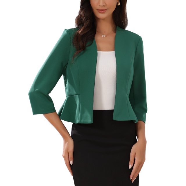 BLAZER CROP ELEGANTE INSPIRE CHIC PARA MUJERES, CON DELANTE ABIERTA, SIN COLLAR, MANGAS 3/4, CHAQUETA DE TRAJE PEPLUM NEGOCIO TAMAÑO M VERDE OSCURO