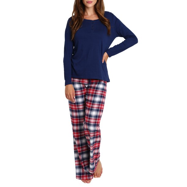 BLIS Blis Womens Flannel PJ Pant Set with Cotton Crew Henley