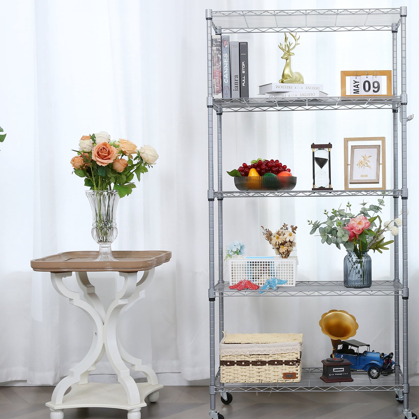 Sailvan 5-Tier Heavy Duty Metal Shelving Unit with Wheels, 900LBS Adjustable Wire Storage Rack for Garage, Pantry & Kitchen,Silver