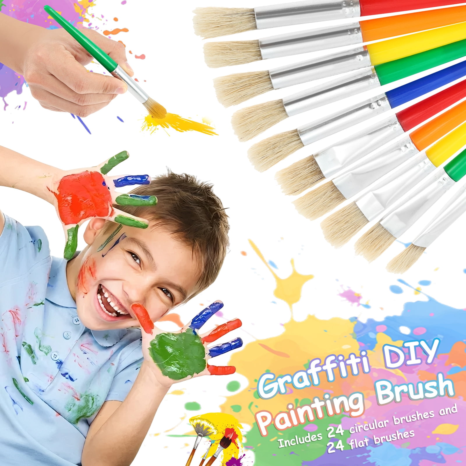 48Pcs Toddler Paint Brushes Set, Large Chubby Round & Flat Brushes with Plastic Handle – for Kids Beginners, Washable & Acrylic Paint Art Supplies