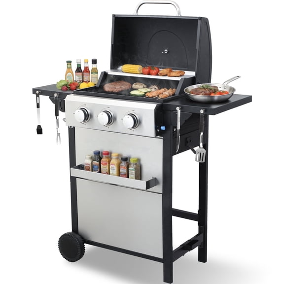 CIG GARDEN 3-Burner Propane Gas Grill with Folding Side Tables, Full-Size Grease Tray, and Removable Grease Cup