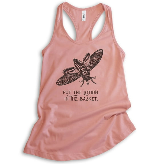 Put The Lotion In The Basket Tank Top, Ladies Racerback Tank Top, Funny Halloween Tank, Horror Movie Tee, Desert Pink, Medium