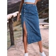 thumbnail image 5 of Womens Casual Slit Denim Midi Jean Skirt Stretch High Waist Frayed Button Up Middle Blue L, 5 of 7