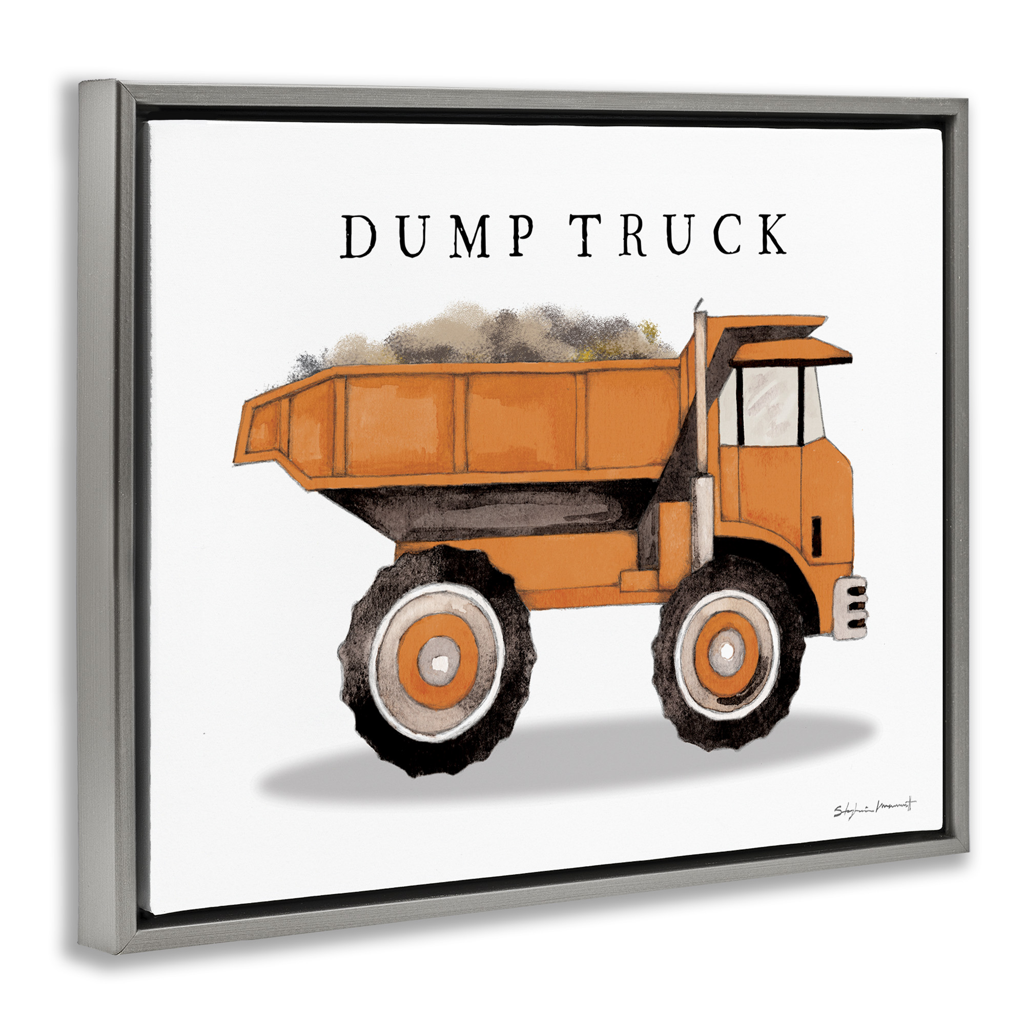 Stupell Industries Orange Dump Truck Construction Art for Kids Painting Gray Floater Framed Canvas Art Print Wall Art, 31 x 25