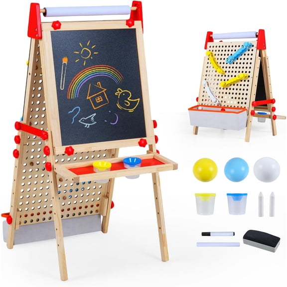 OLAKIDS 4 in 1 Easel for Kids with Marble Run, Magnetic Whiteboard, Chalkboard, Drawing Paper Roll, 6-Level Adjustable Height for Toddlers Ages 3-10