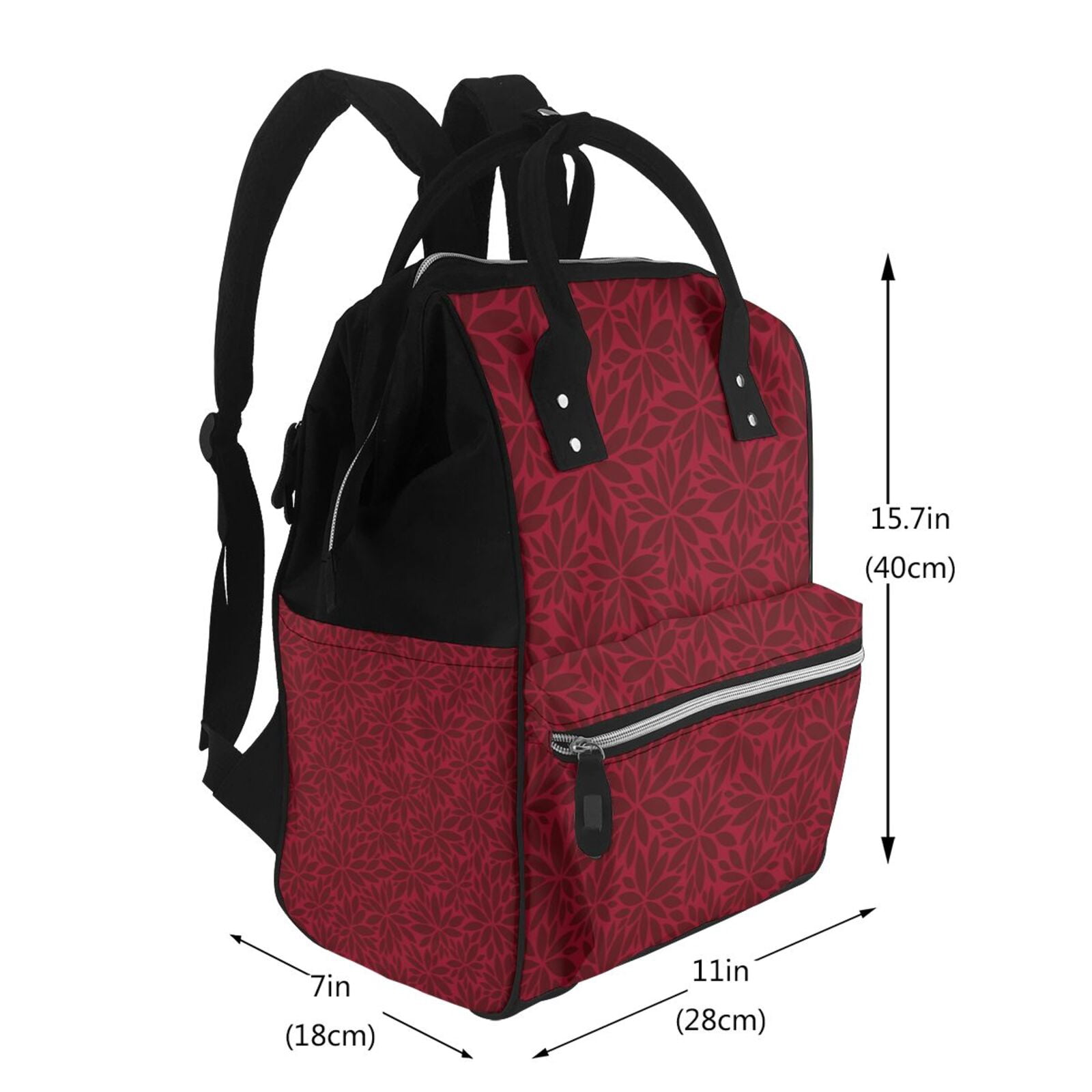 Ratiio Burgundy Floral Mummy Backpack - Waterproof Twill Canvas, Large Capacity Diaper Bag with Multiple Pockets and Adjustable Straps