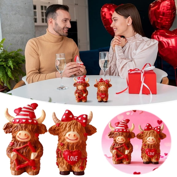 Valentine's Day Love Highland Cow Couple Figurine, Romantic Holiday Decoration, Figurine Decor Table Gift Sweet Home Ambience Decor for Valentine's Day Party Celebrations, Red, 1set