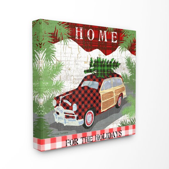 The Stupell Home Decor Collection Home For The Holidays Plaid Gingham Patterned Station Wagon with Tree Stretched Canvas Wall Art, 17 x 1.5 x 17