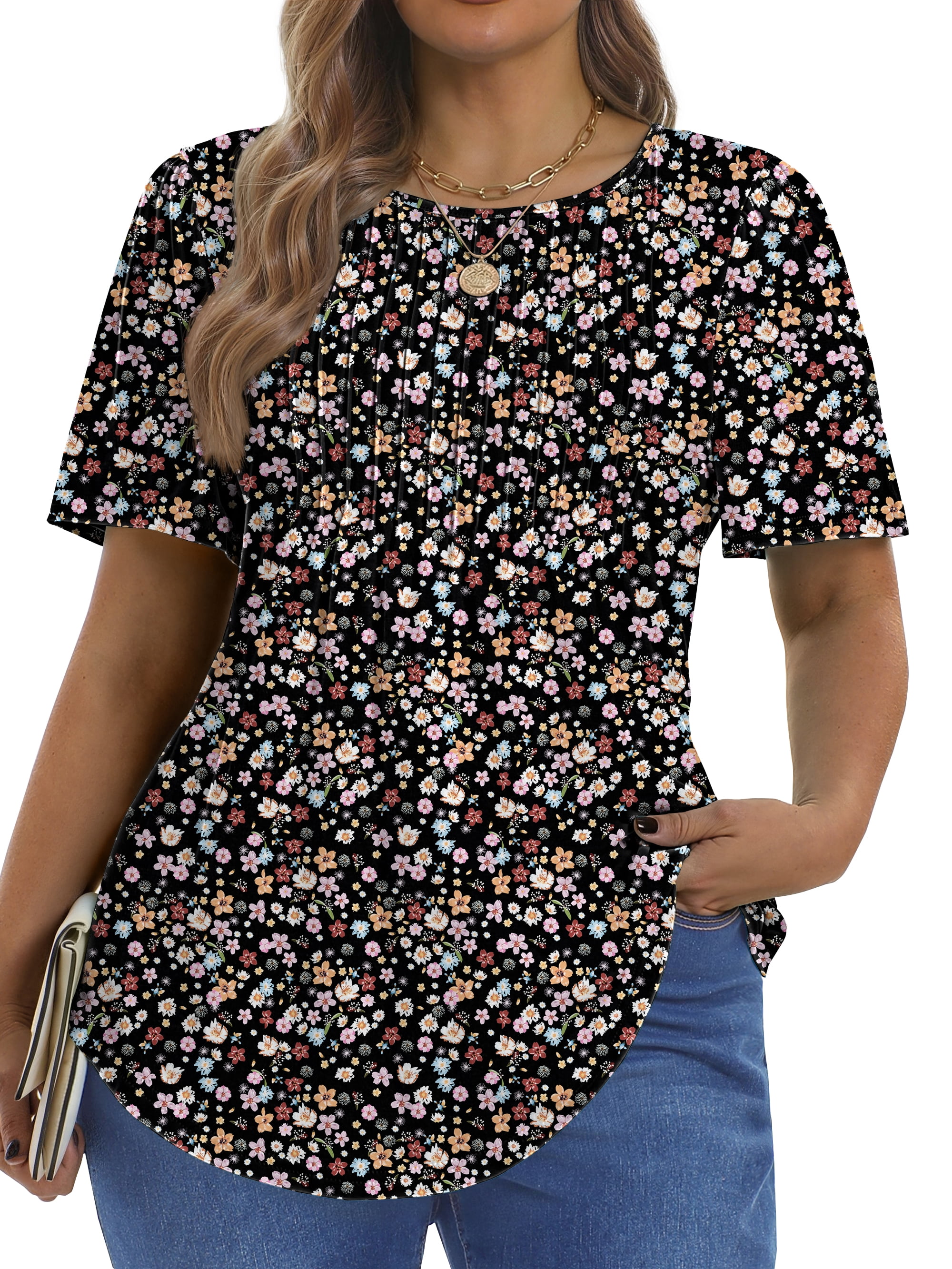 Fantaslook Blouses for Women Pleated Short Sleeve Tunic Tops Dressy Casual Summer Shirts