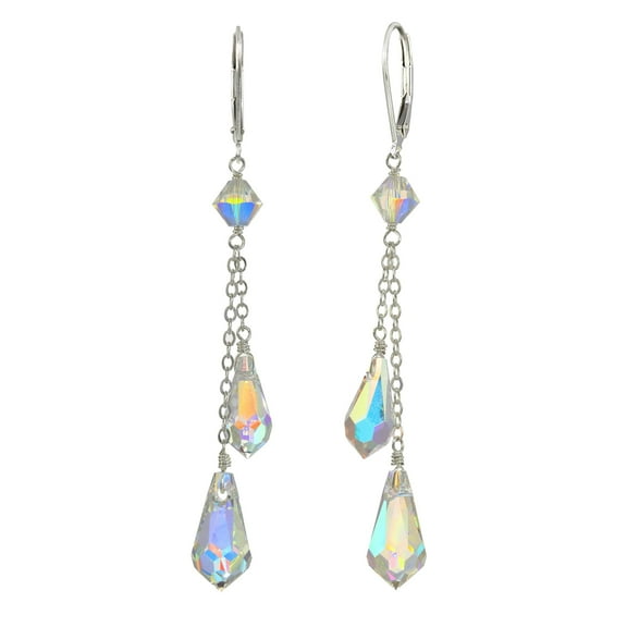LTC Designs Sterling Silver Faceted Austrian Crystal Aurora Borealis Teardrop Earrings for Adults