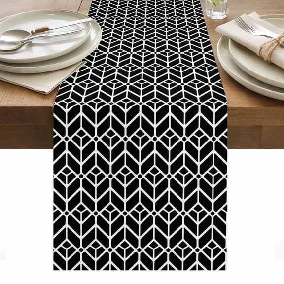Geometric Table Runner - 90 Inch Long, Kitchen Dining Table Runner Dresser Scarves, Modern Abstract Lines Texture Black Farmhouse Decor for Coffee Tables Wedding Party Banquet