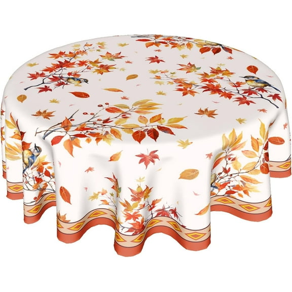 Happy Autumn Tablecloth Round 60 Inch Fall Leaf Harvest Table Cloths Polyester Fabric Thanksgiving Fall Leaf Seasonal Table Cover for Kitchen Dining Room Picnic Party Autumn/Fall Outdoor