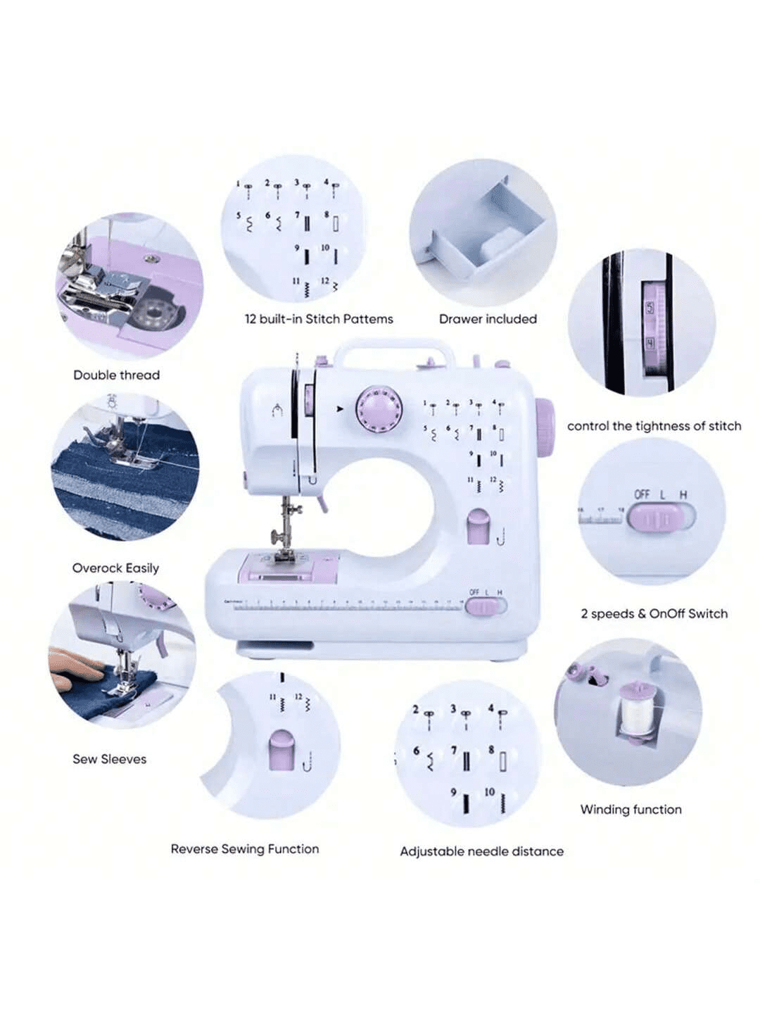 Mini sewing machine, built-in 12-needle multi-function pedal automatic sewing machine, suitable for beginners, send wife/mother/friend Valentine's Day gift