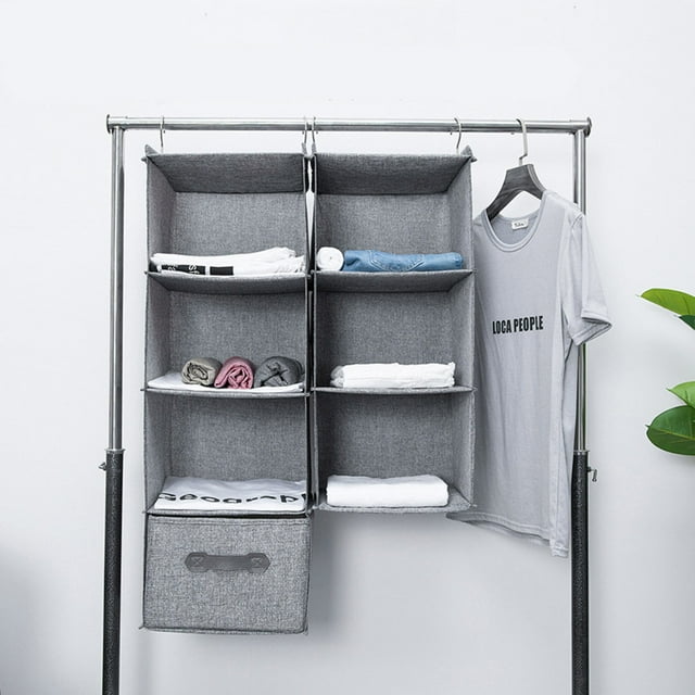 Cotton Linen Hanging Closet Multi Layers Pockets Clothes Organizer Bag Folding Shelves Dual Hooks Wardrobe Sorting Rack Gray Drawer