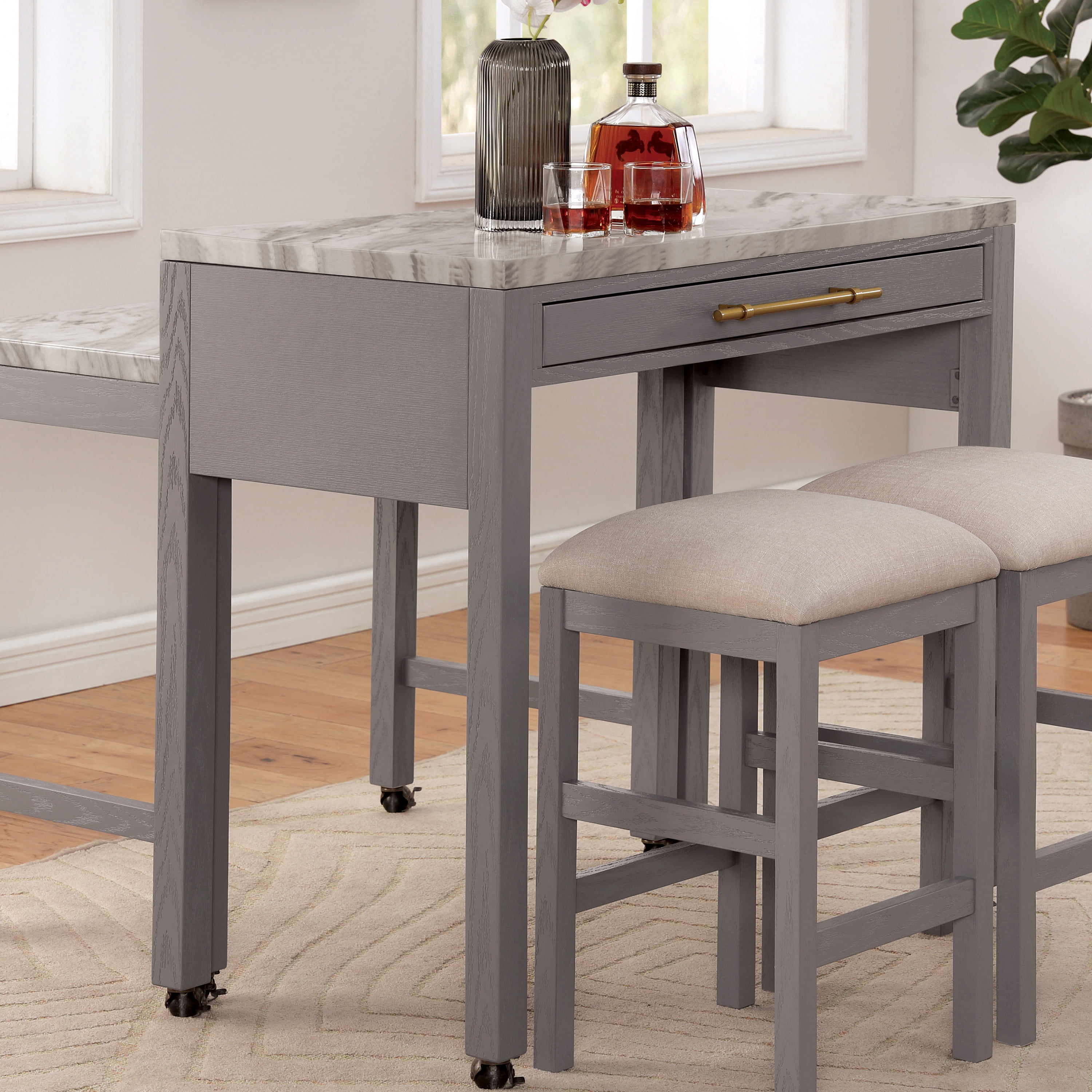 Furniture of America Clara 1-Drawer Wood Light Gray Nested Counter Height Dining Table with Wheels