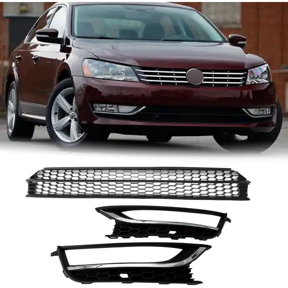 Black 3PCS Front Lower Grille Grill & Fog Light Cover Bezel with Hole Compatible with Volkswagen 2012 2013 2014 2015 VW Passat, Replace for 561853665E9B9/ 5618531012ZZ