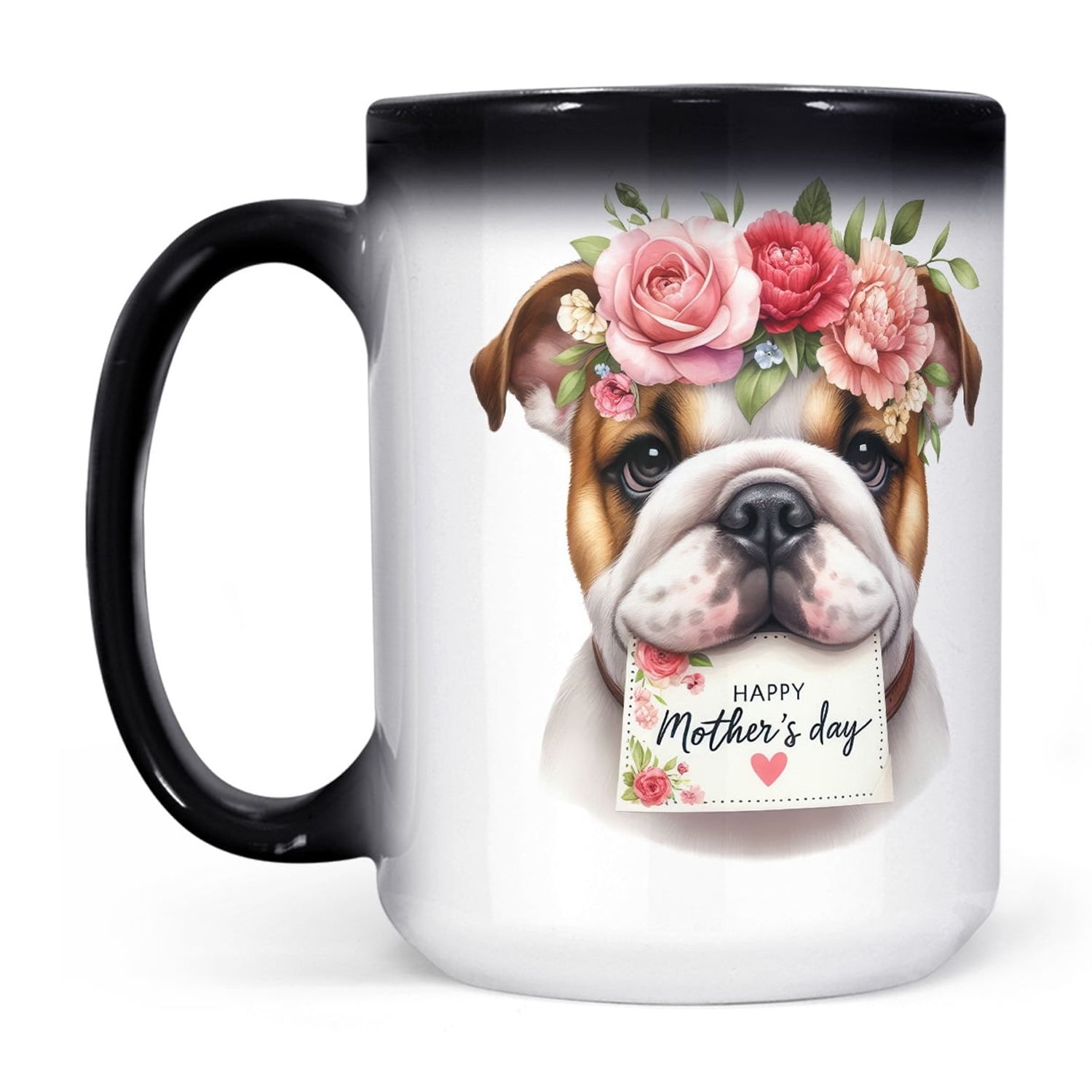 Happy Mother's Day Bulldog with Flower Crown and Greeting Card Heat Color Changing Mug Dog Lover Gifts Idea Magic Coffee Mug - 13004