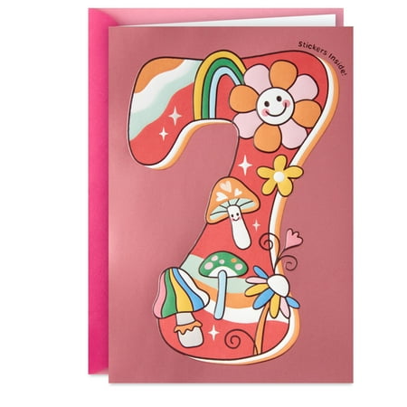 Hallmark Pop-Up 7th Birthday Card With Sticker (Mushrooms and Flowers)