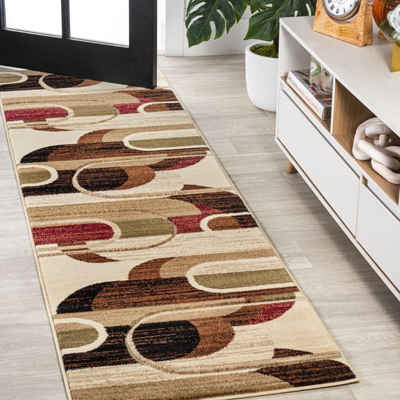 JONATHAN Y UNIQUE 2 x 8 Runner Rug, Tamara Retro Abstract Arches - Cream/Brown/Red, UNQ102A-28