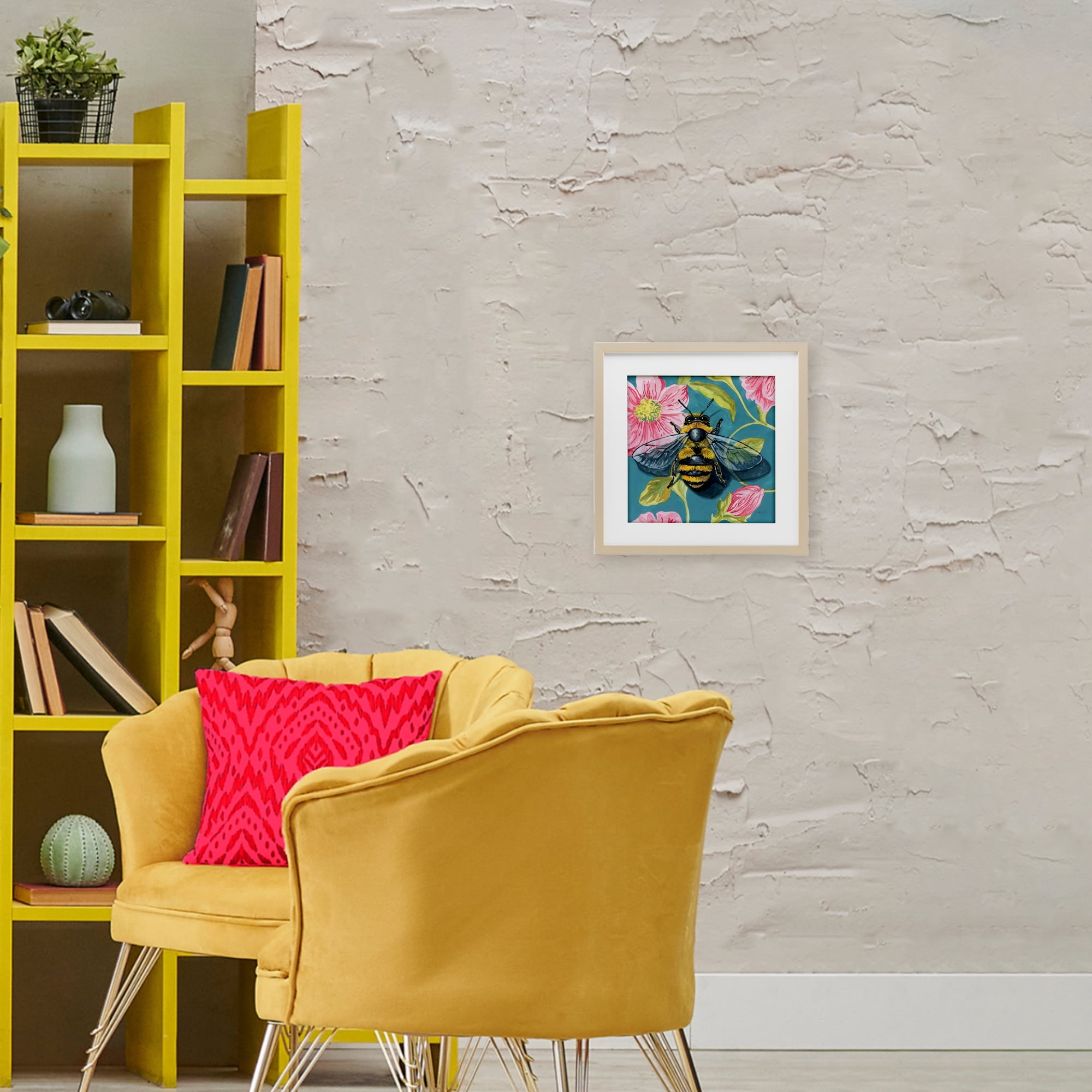 Stupell Industries Fuzzy Bee On Floral Pattern Birch Framed Print Under Glass, design by Kate Jarvik Birch