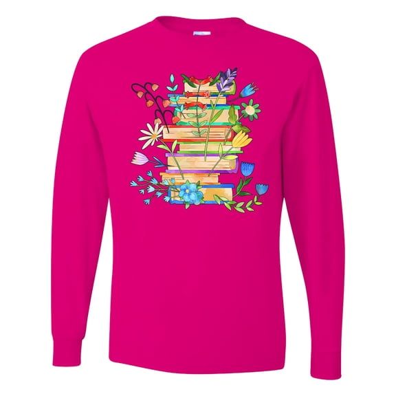 Inktastic Blooming with Books Stack of Books with Flowers Long Sleeve T-Shirt