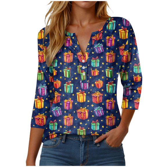 larppty Christmas Shirts for Women 3/4 Length Sleeve Henley Neck Tops Fall Trendy 2025 Funny Graphic Tshirts Xmas Clothes (Dark Blue, M)