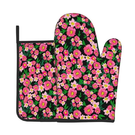 

Xecao Blooming Meadow Pattern Oven Mitts and Pot Holders Sets Heat Resistant Silicone Oven Mittens Extra Thicken Long Kitchen Cotton Oven Glove for Cooking