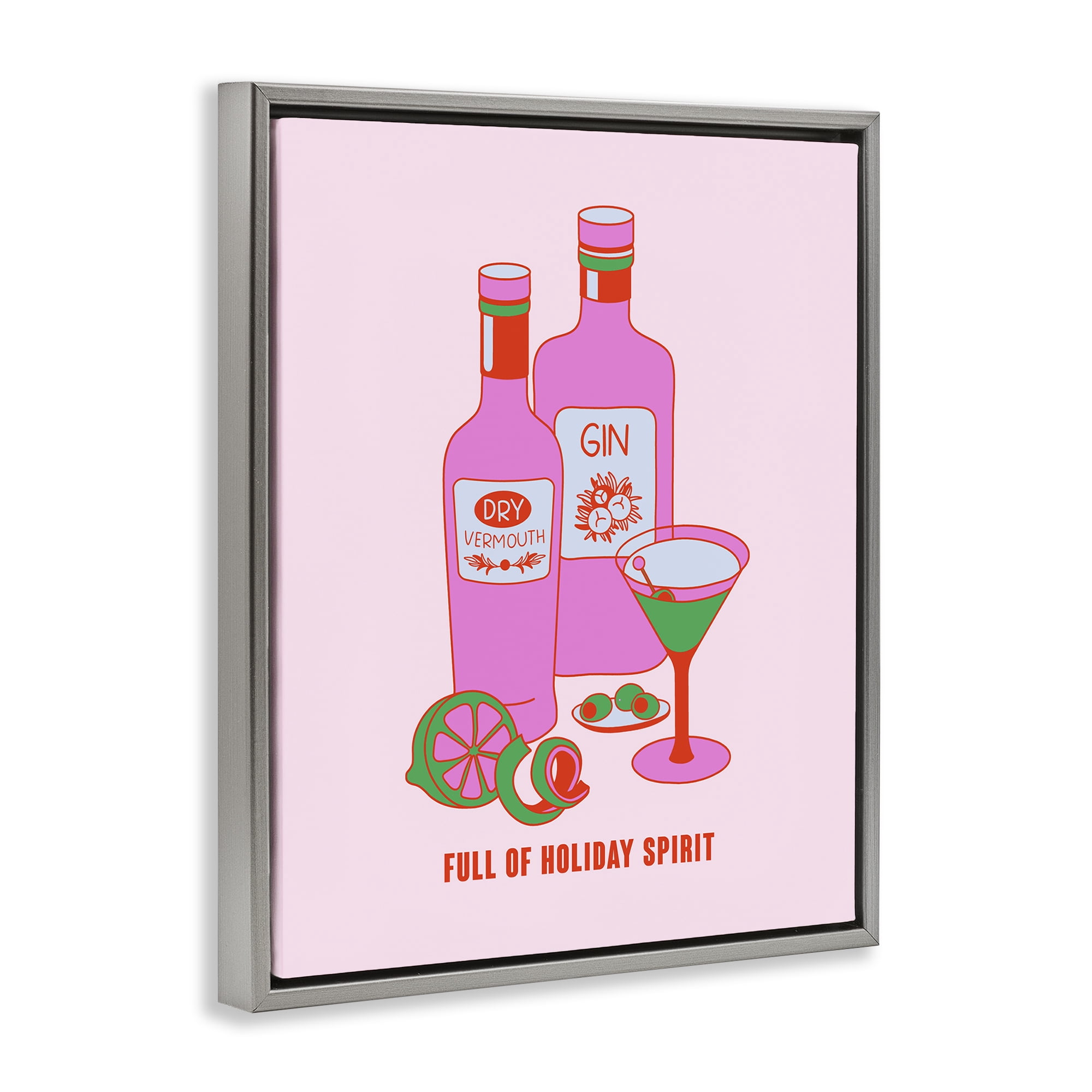 Stupell Industries Funny Holiday Spirit Drinks Food & Beverage Painting Gray Floater Framed Canvas Art Print Wall Art, 17 x 21