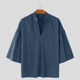 thumbnail image 5 of Ceisia Men's Linen Blend Stand Collar Shirt 3/4 Sleeve Loose Fit Casual Blouse for Men Dark Blue S Gifts for Father, 5 of 9