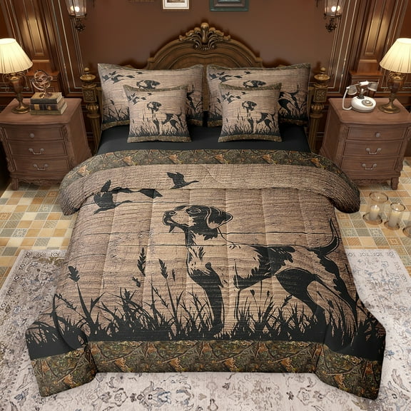 Feelyou Farmhouse Dog Animal Twin Bedding Sets 7-Piece, Vintage Lodge Cabin Bedding Comforter Set, Rustic Hunting Theme Reversible Sheet Sets, Lightweight Room Decor