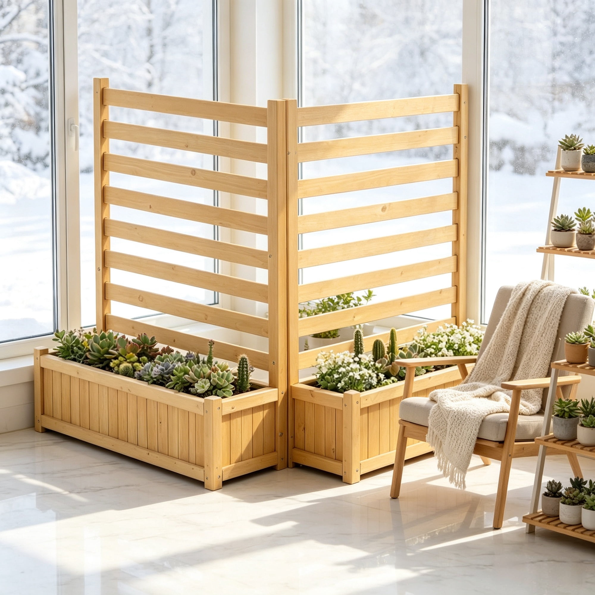 36x45 in Wooden Privacy Fence Screen, Cover with 2 Planters & Metal Stakes for Garden & Pool