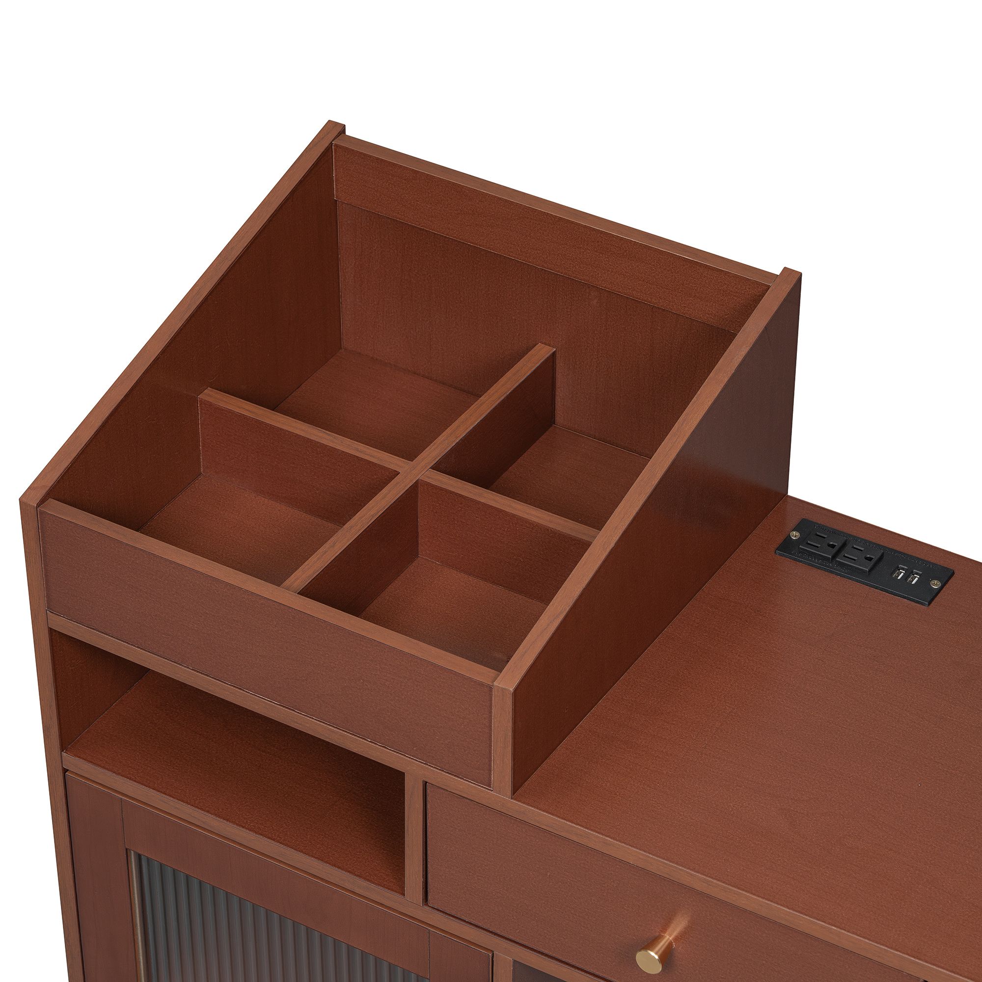 Modern Makeup Vanity Desk with Drawers, Cabinet & Charging Port, Space-saving Dressing Table Set with Stool for Small Places, Walnut