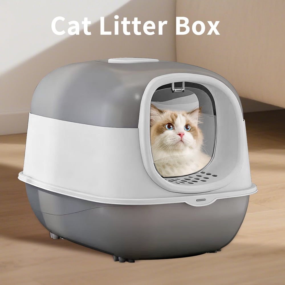 Fully Enclosed Cat Litter Box - 180 °   Wide-Angle Lid, Built-In Litter Filter Mat (w/ Scoop)