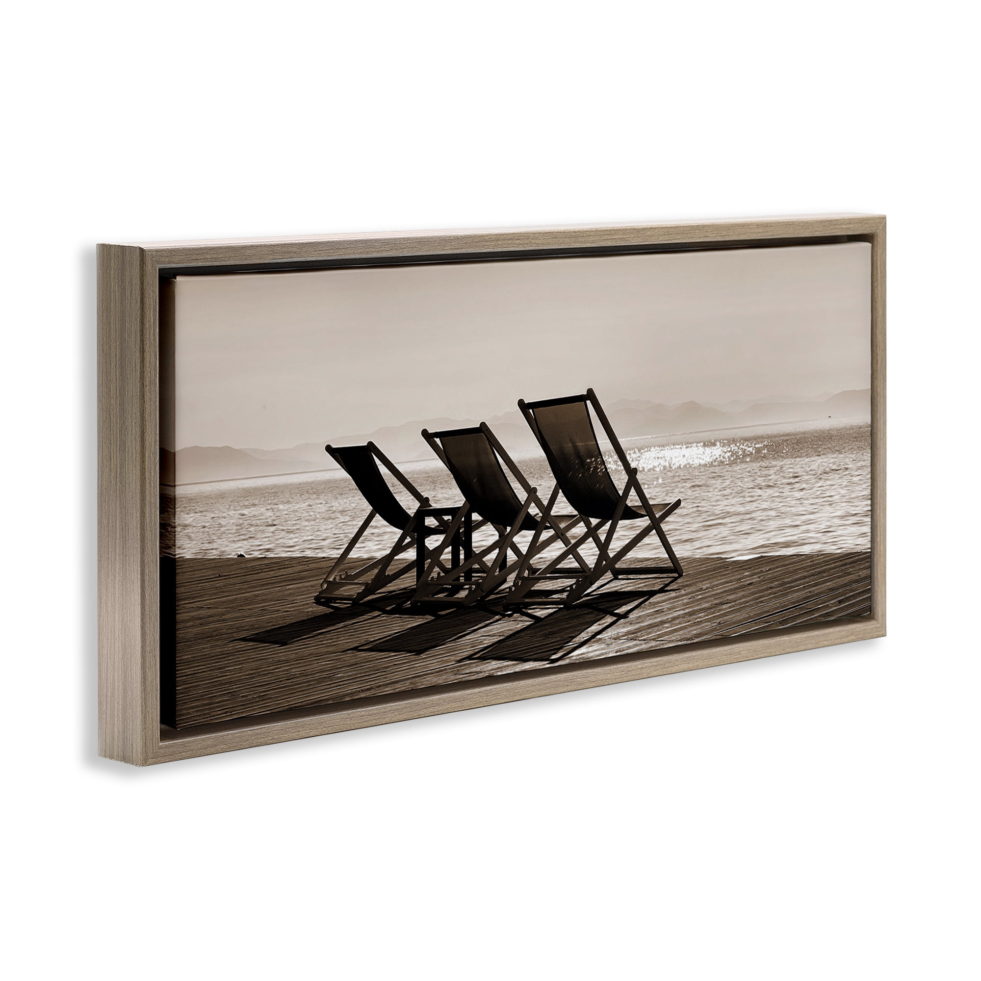 Stupell Industries On Deck Beach Chairs Coastal Photography Brown Floater Framed Canvas Art Print Wall Art, 25 x 11