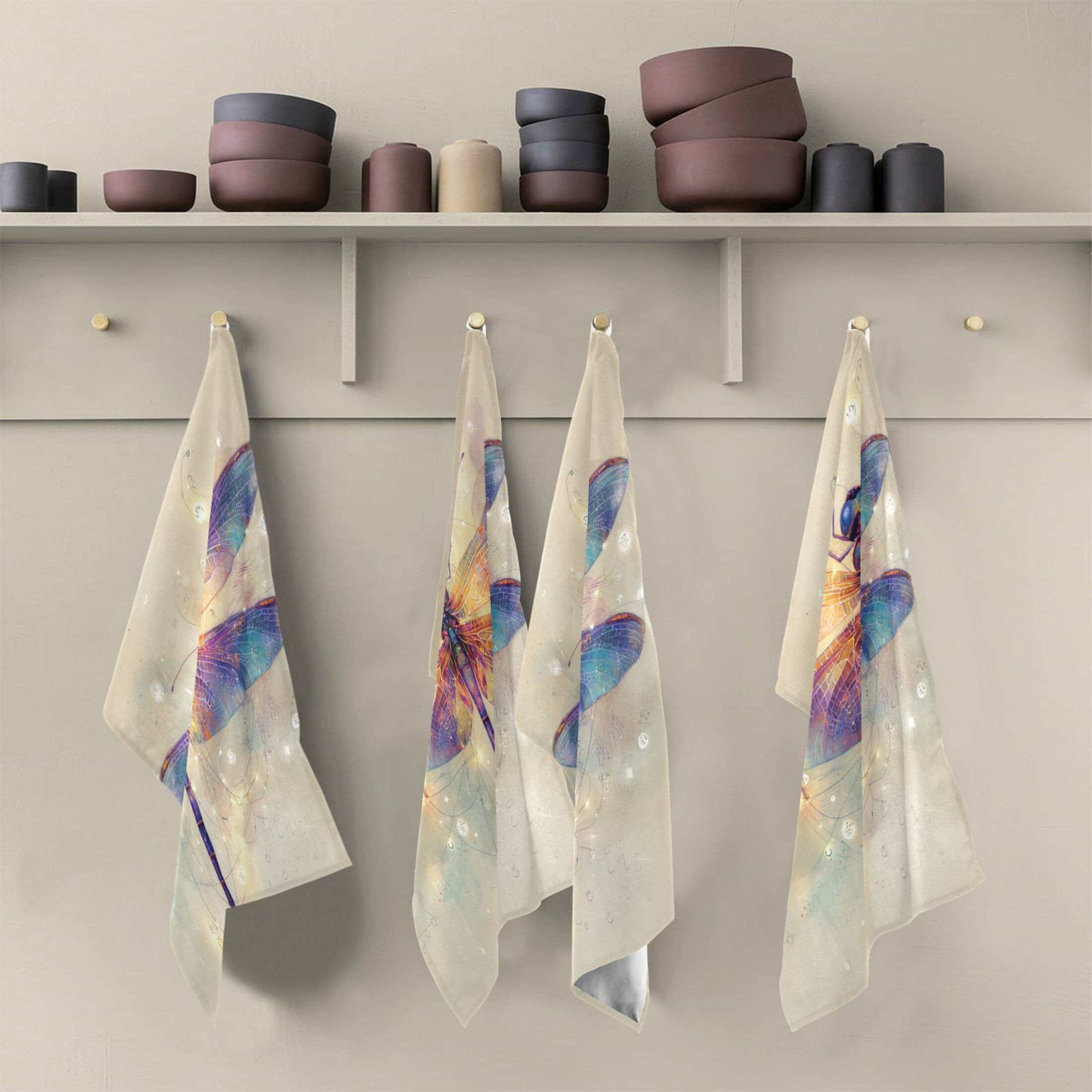 Qxltty Dreamy Dragonfly Kitchen Towels 28 x 18 Inch Set of 6 Soft Cotton Linen Feel Dish Towels with Hanging Loop for Drying, Cleaning & Decor