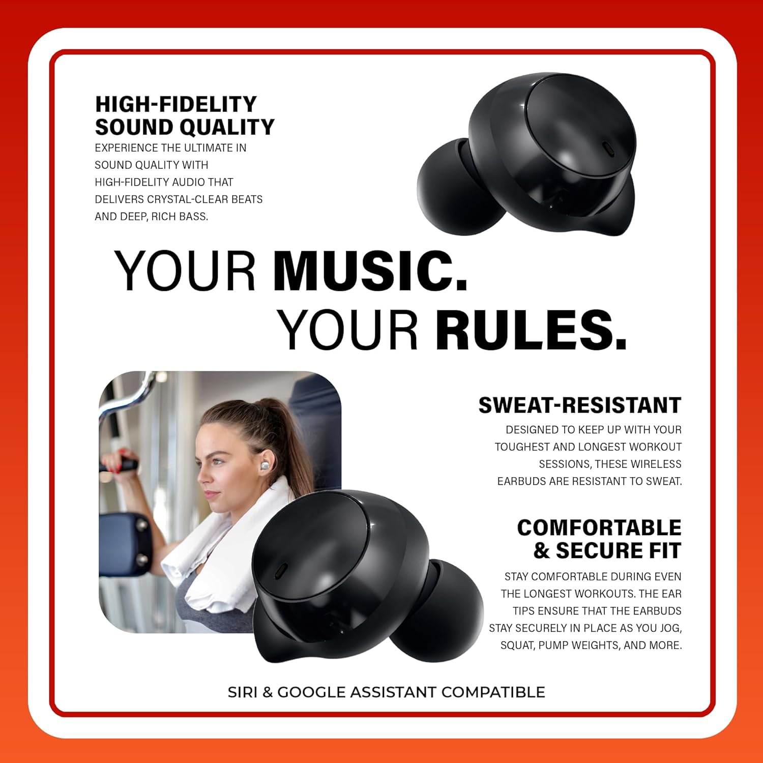 COBY Pro Fitness Bluetooth 5.3 True Wireless Earbuds, Noise-Isolating Earphones with Charging Case, Black