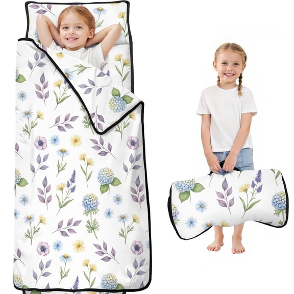 Pioneer Flower Floral Print Pattern Teens Toddler Nap Mat with Pillow, Sleeping Mat Bag for Preschool Daycare 59"x22"