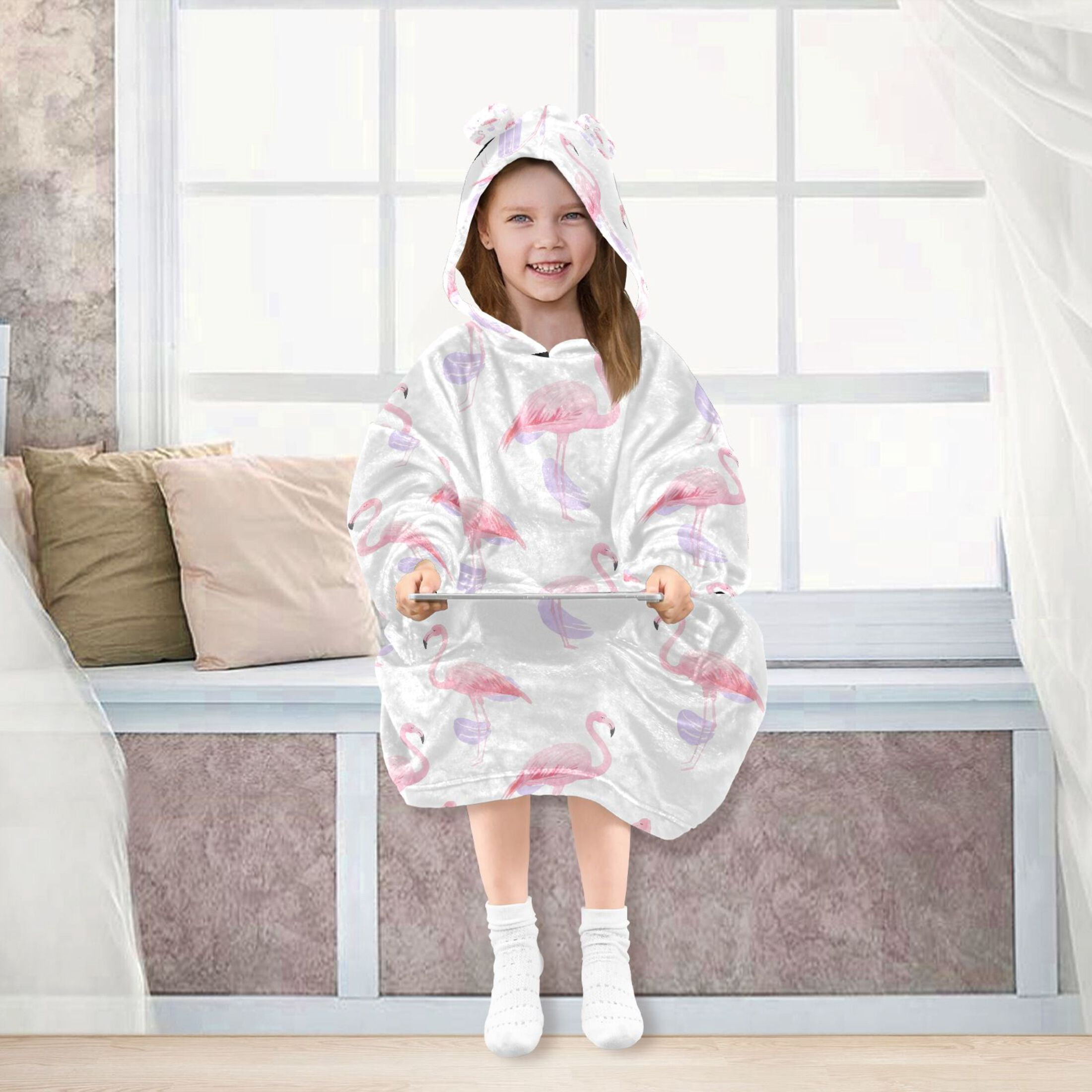 joogoo Wearable Blanket Hoodie for Flamingos Watercolor Oversized Sherpa Hooded 3-14 YR M