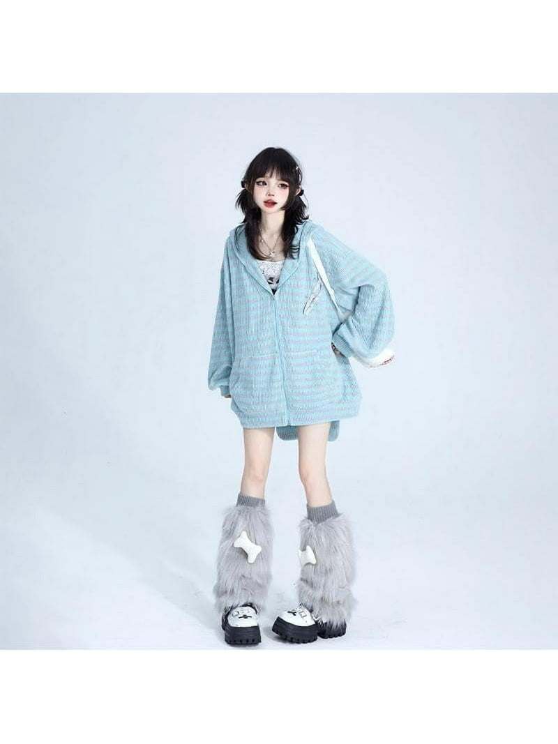 Kukuzhu Y2K Bunny Ear Hoodie Harajuku Kawaii Striped Zip Up Hoodie