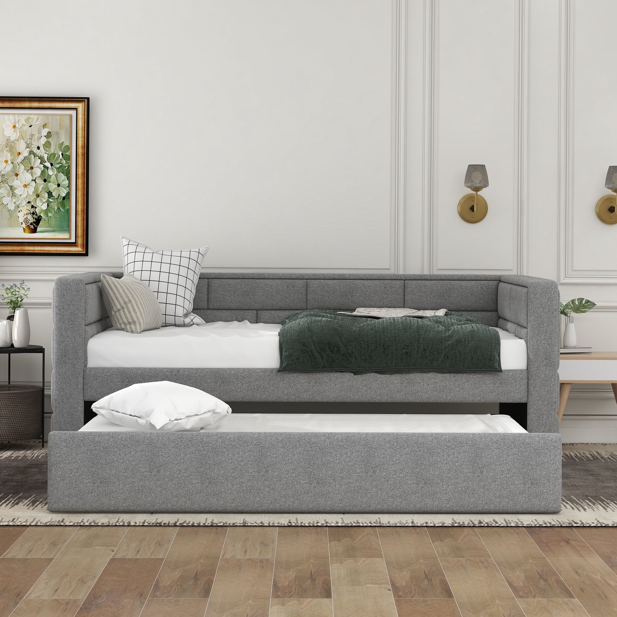 Euroco Upholstered Twin Size Daybed with Trundle, Gray